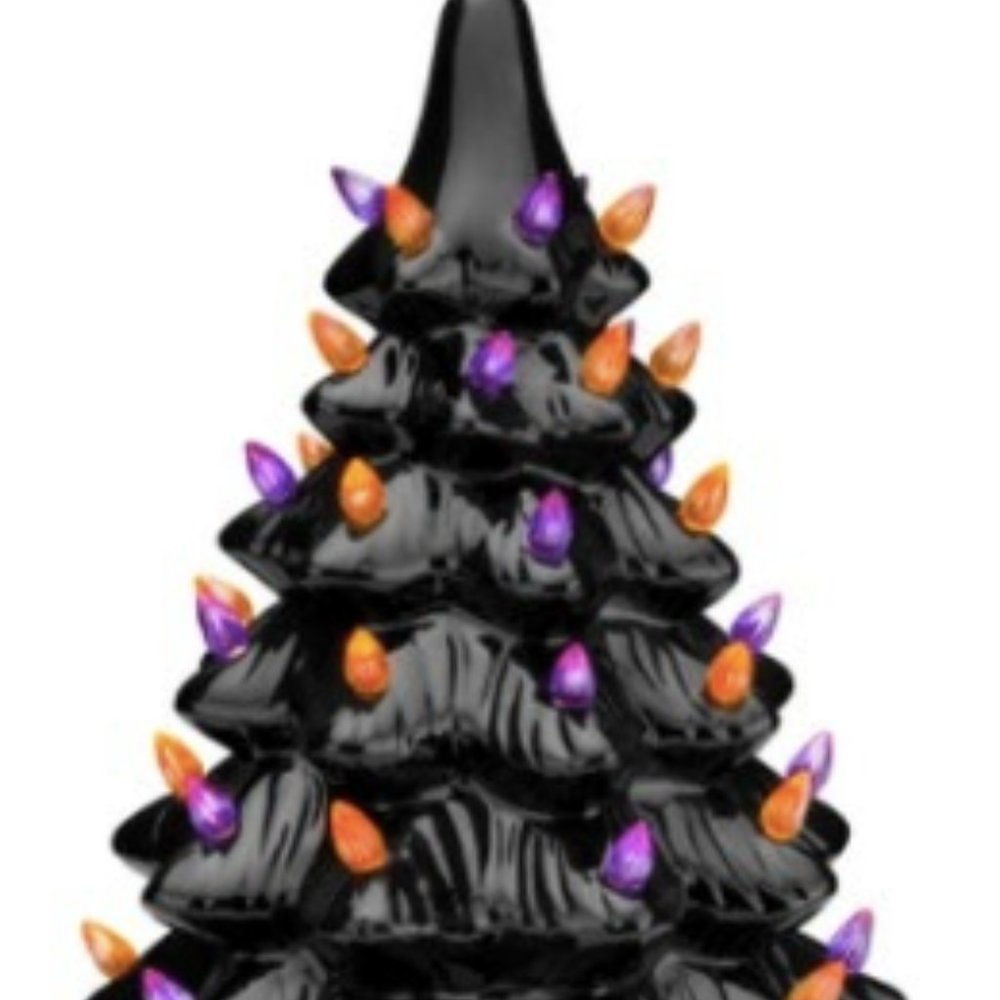 Halloween Ceramic Lighted Tree 15" Black with orange and purple lights